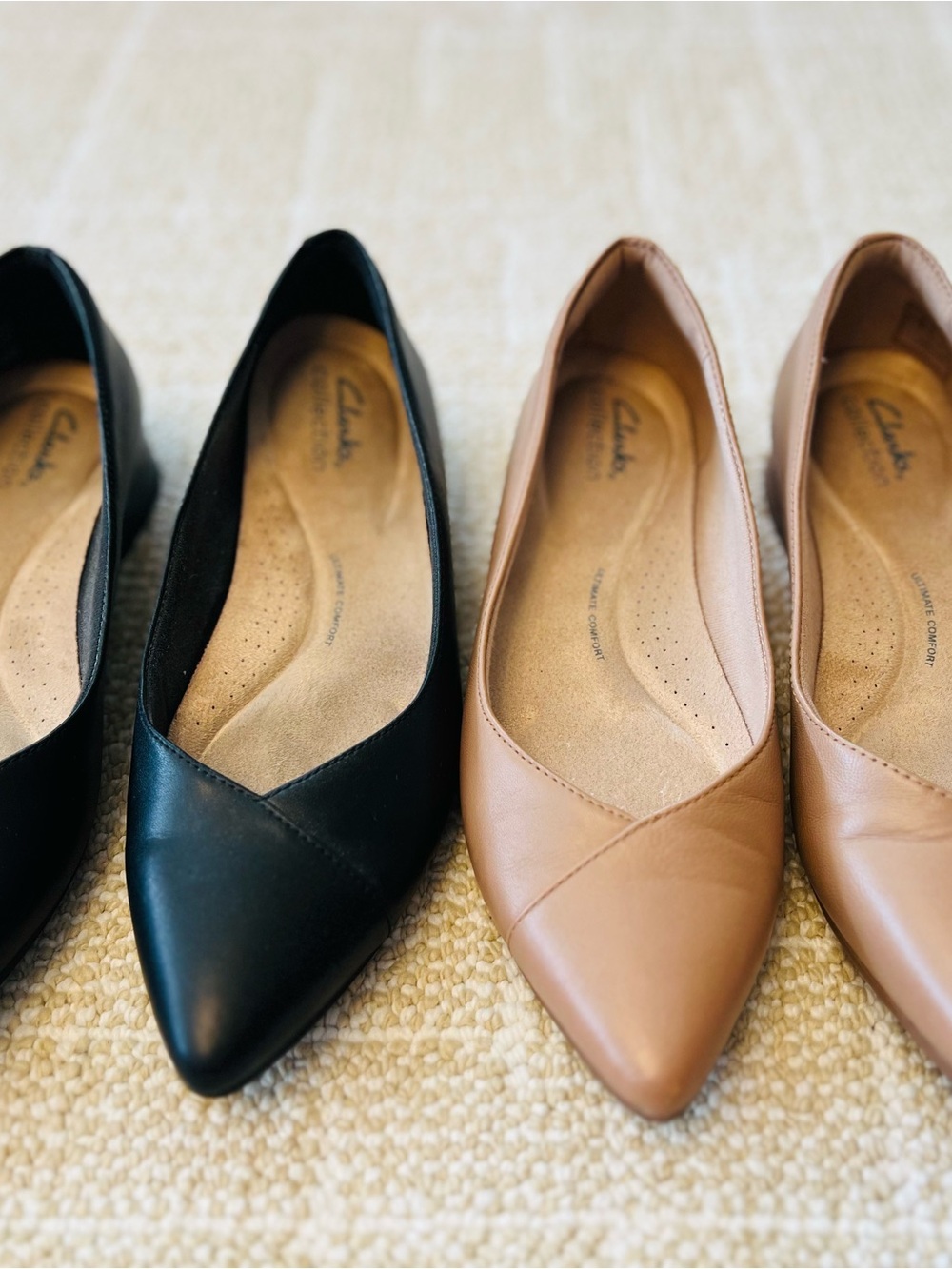 $79 Clarks Women's Pointed-Toe Flats in Black and Tan Leather